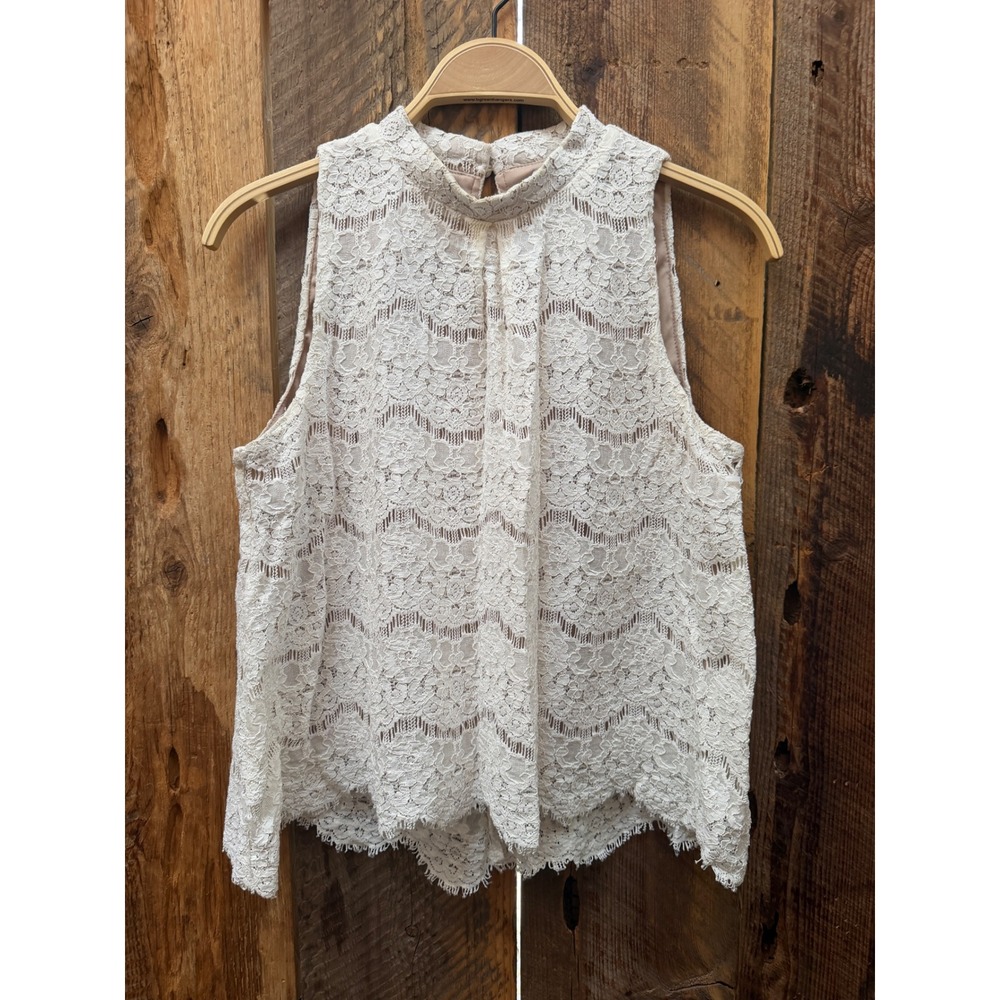 Lace Blouse Womens M High Neck Scallop Hem Romantic Coquette Cottagecore